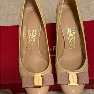 Salvatore Ferragamo Tan Quilted Bow Flats